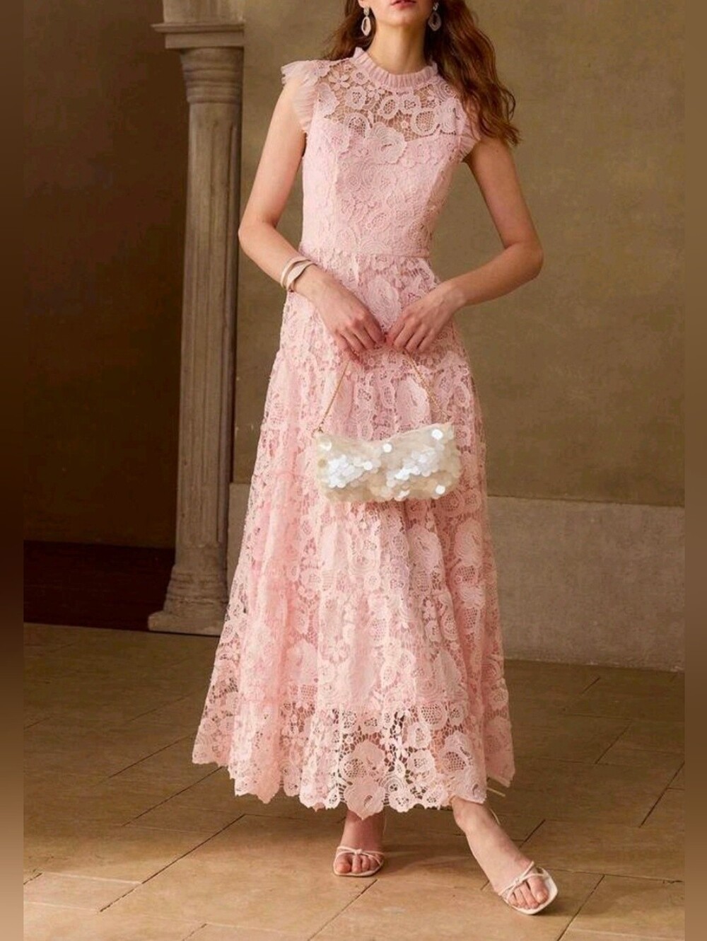 New Luxe Embroidered Lace Ruffle Trim Maxi Dress Sleeveless Pink
